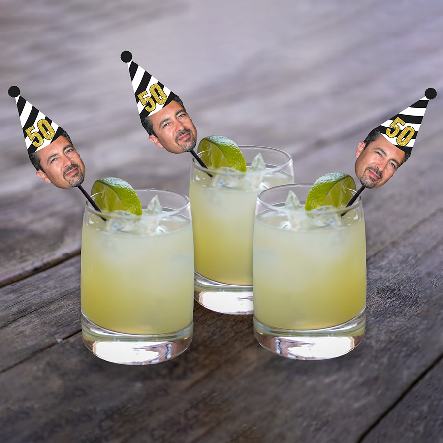 Drink stirrers personalized with face 50th birthday stir sticks custom