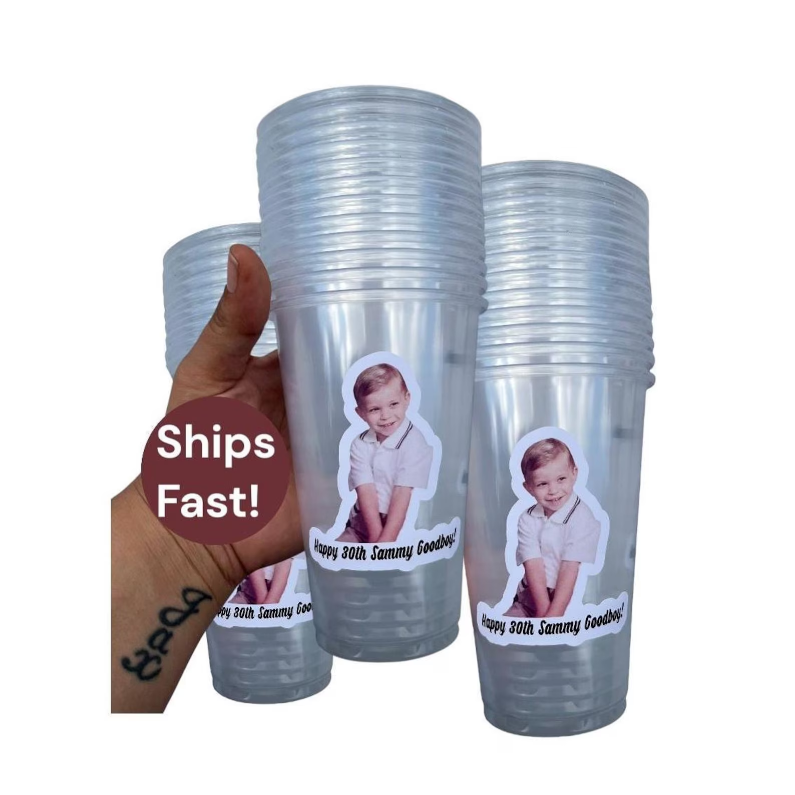 Custom Party Cups (Plastic)（with Lid）- Custom Photo Party Cups – 16 oz  Durable Plastic